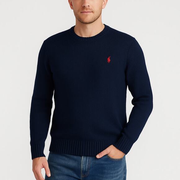 POLO RALPH LAUREN Men’s Navy Blue Knit Sweater XL Tall Red Pony Logo Pullover - Picture 1 of 7